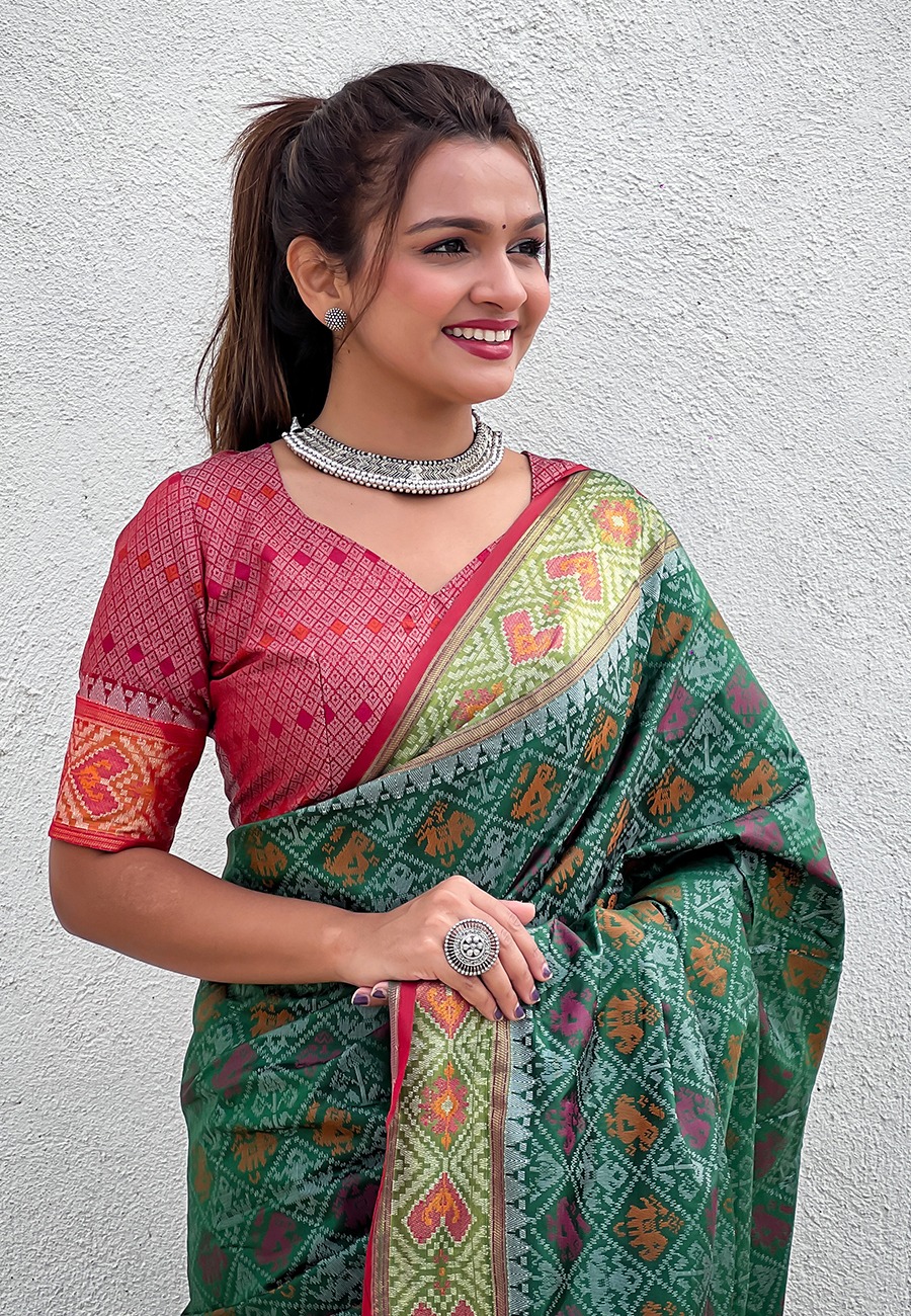 Green Patola Silk Multicolor Weaved All Over Meenakari Patola Border Saree