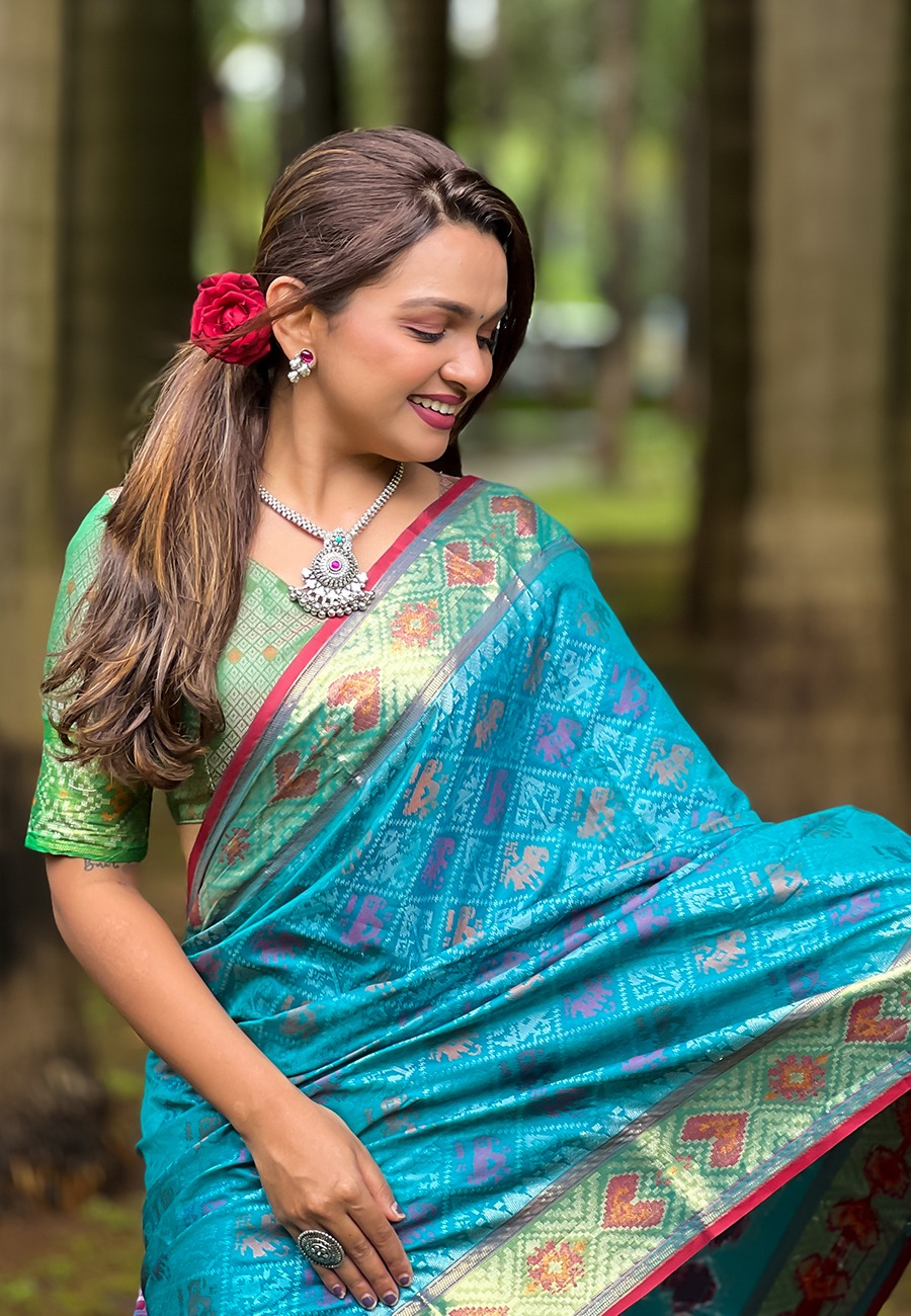 Sky Blue Patola Silk Multicolor Weaved All Over Meenakari Patola Border Saree