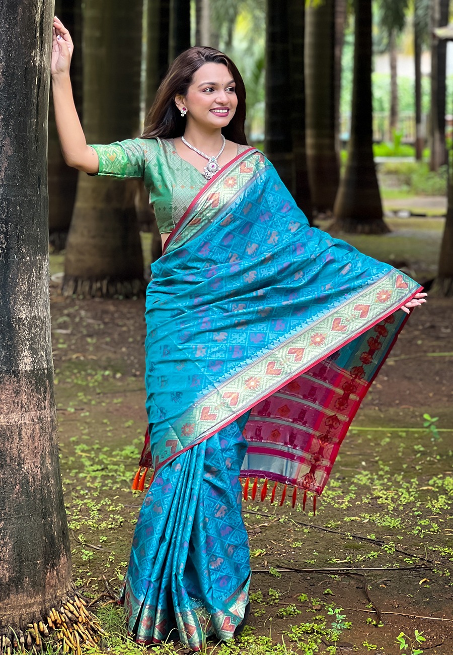 Sky Blue Patola Silk Multicolor Weaved All Over Meenakari Rich Pallu Border Saree