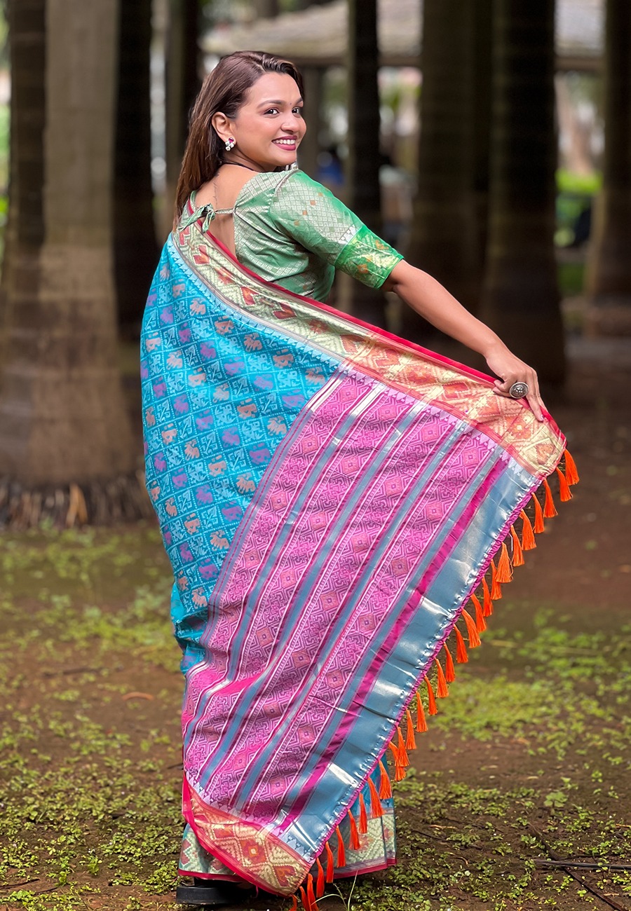 Sky Blue Patola Silk Multicolor Weaved All Over Meenakari Rich Pallu Border Saree