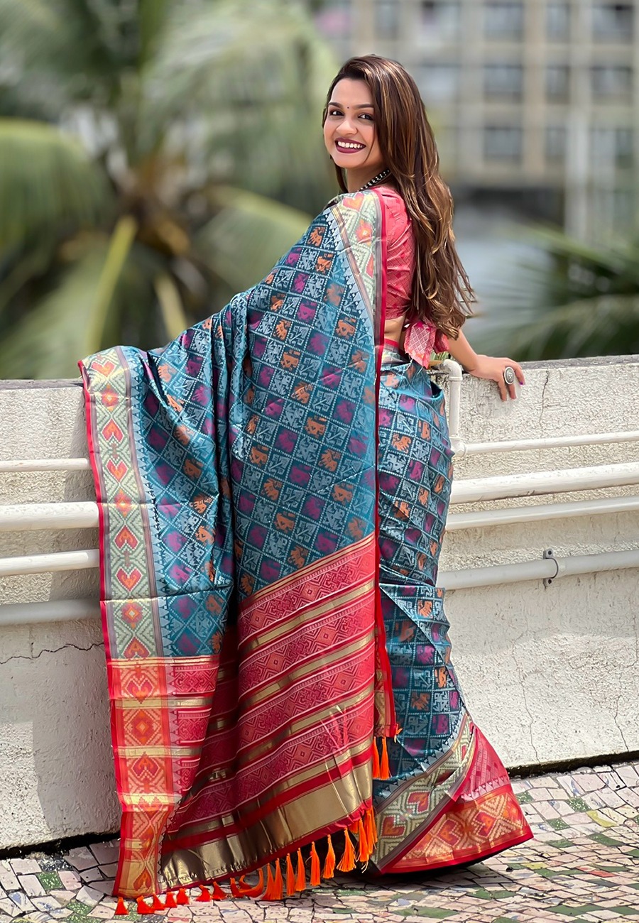 Teal Patola Silk Multicolor Weaved All Over Meenakari Patola Border Saree