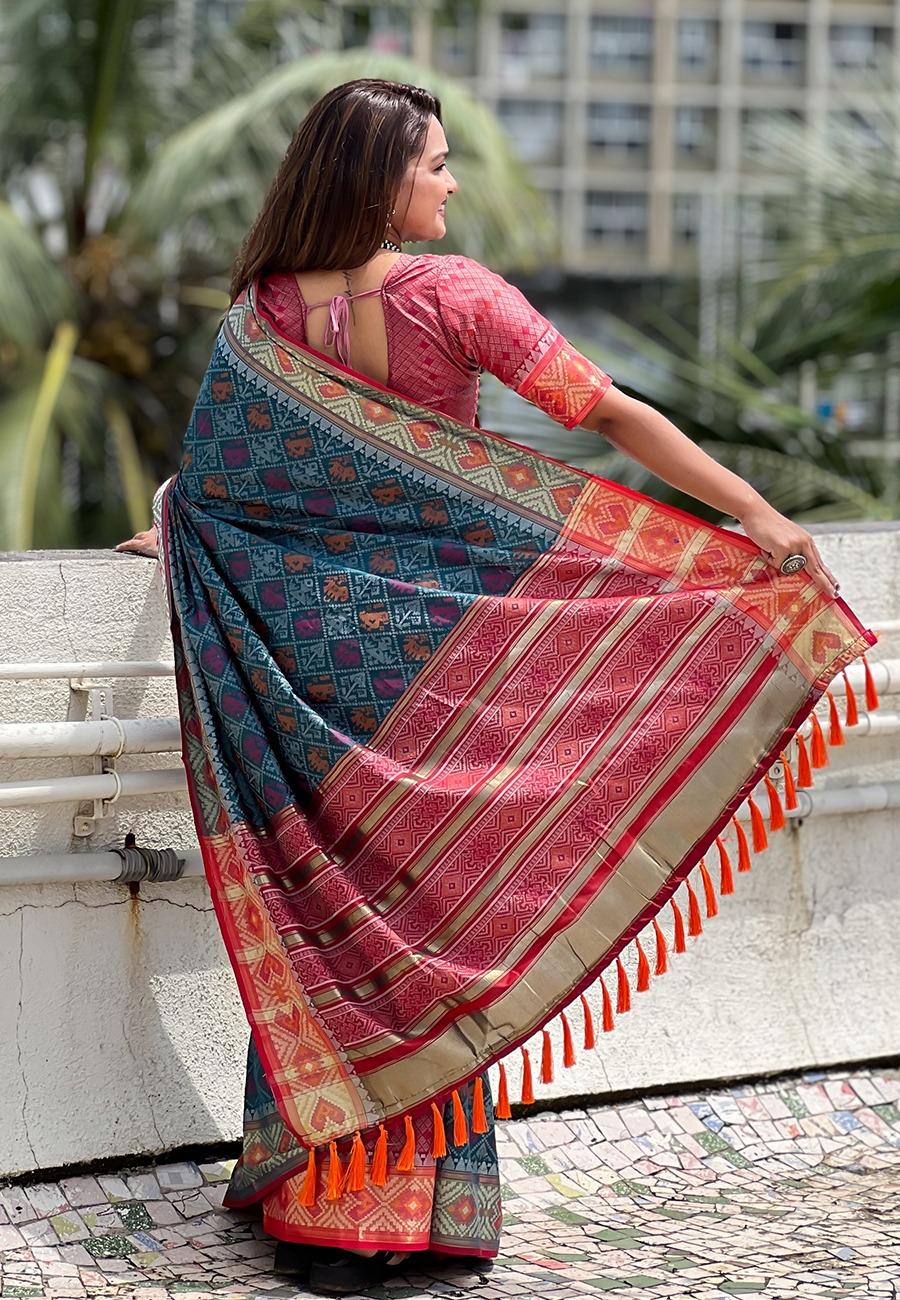 Teal Patola Silk Multicolor Weaved All Over Meenakari Patola Border Saree