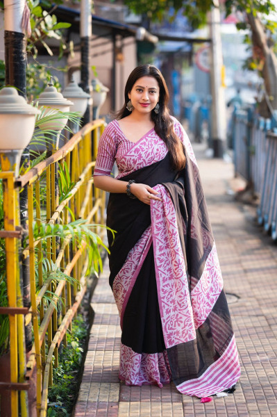 Image of Dusty Pink Pure Chanderi Cotton Bagru Block Printed Saree