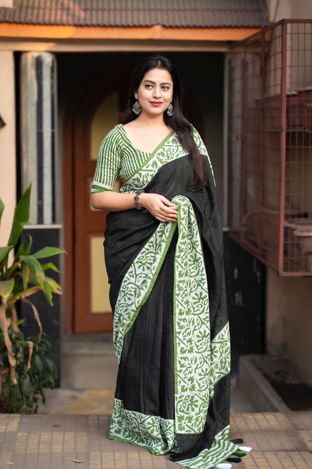 Dusty Green Pure Chanderi Cotton Bagru Block Printed Saree