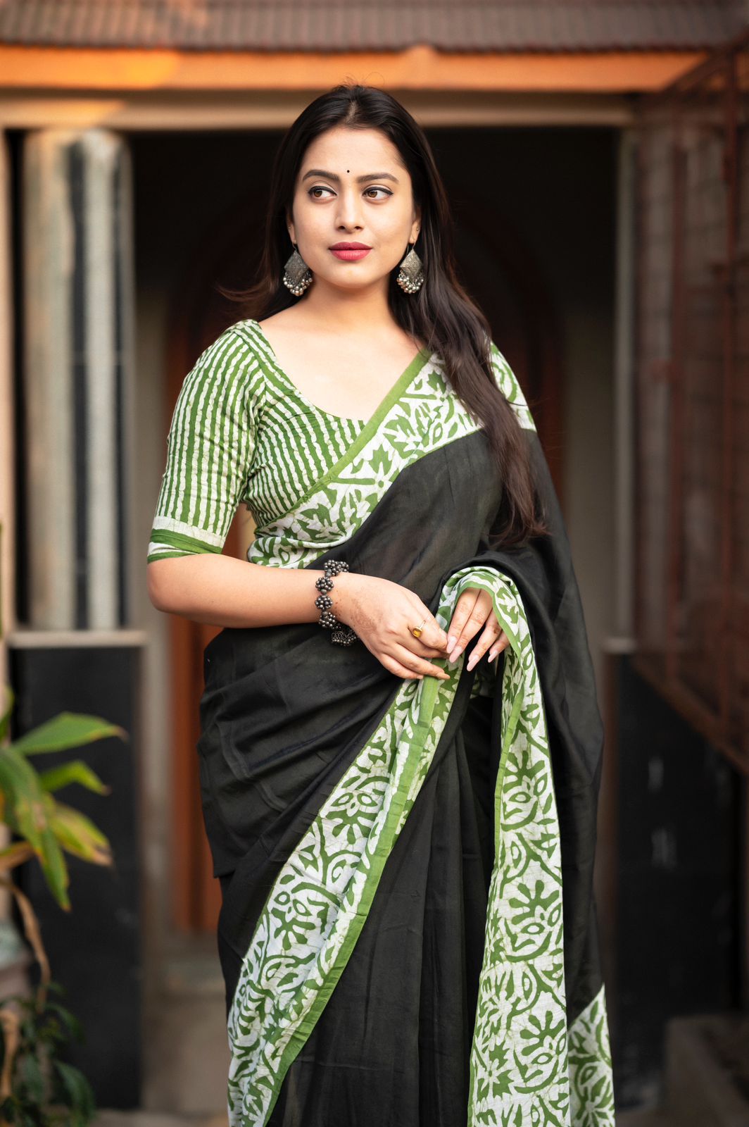 Dusty Green Pure Chanderi Cotton Bagru Block Printed Saree
