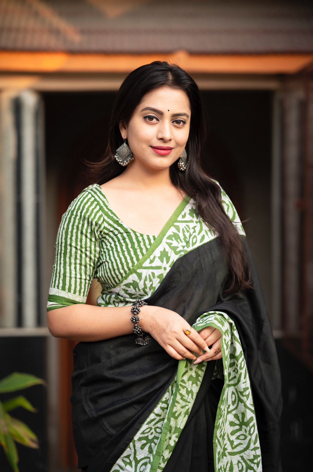 Dusty Green Pure Chanderi Cotton Bagru Block Printed Saree