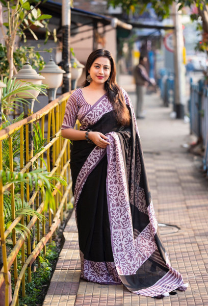 Image of Dusty Lavender Pure Chanderi Cotton Bagru Block Printed Saree