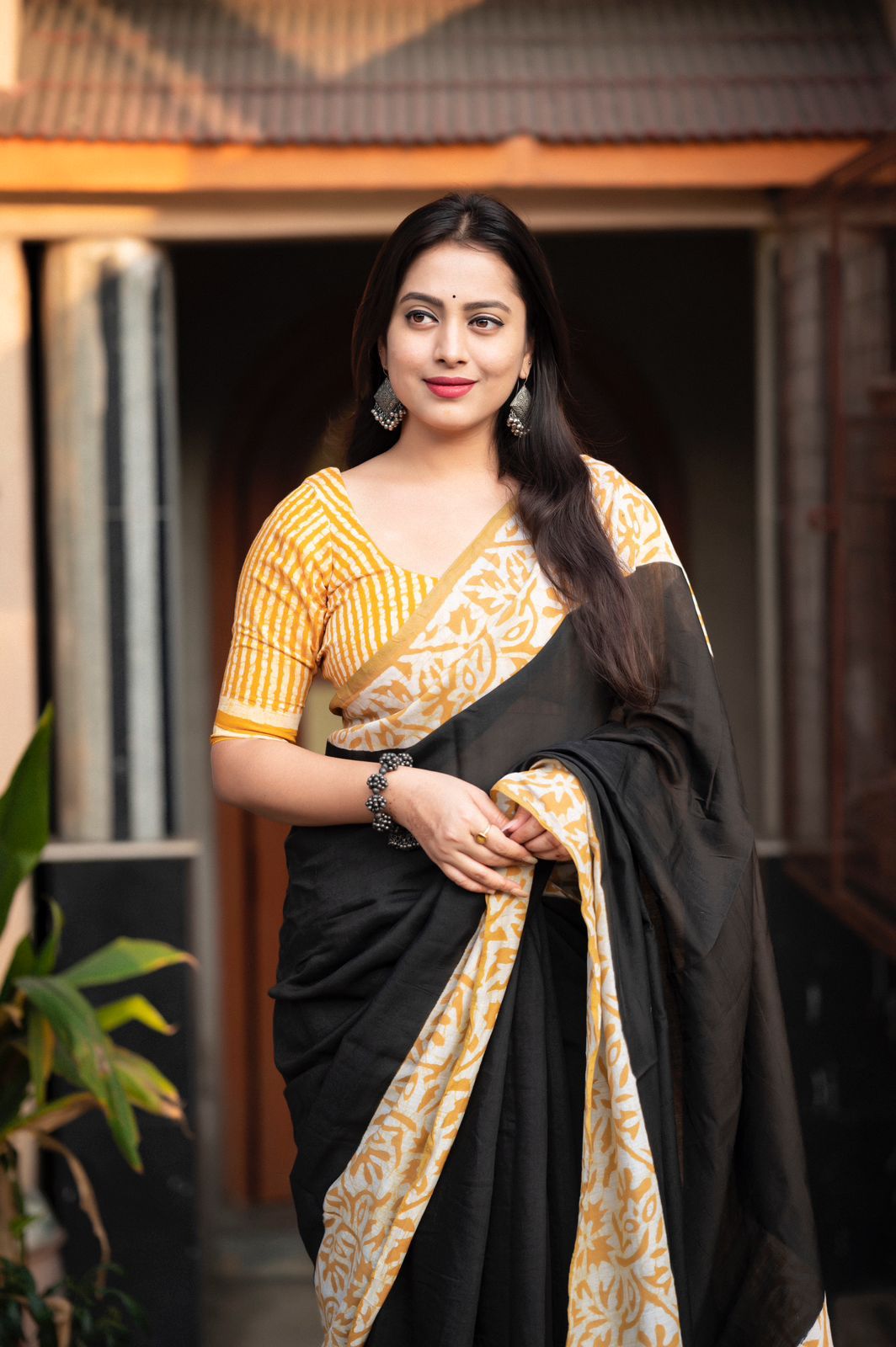Dusty Yellow Pure Chanderi Cotton Bagru Block Printed Saree