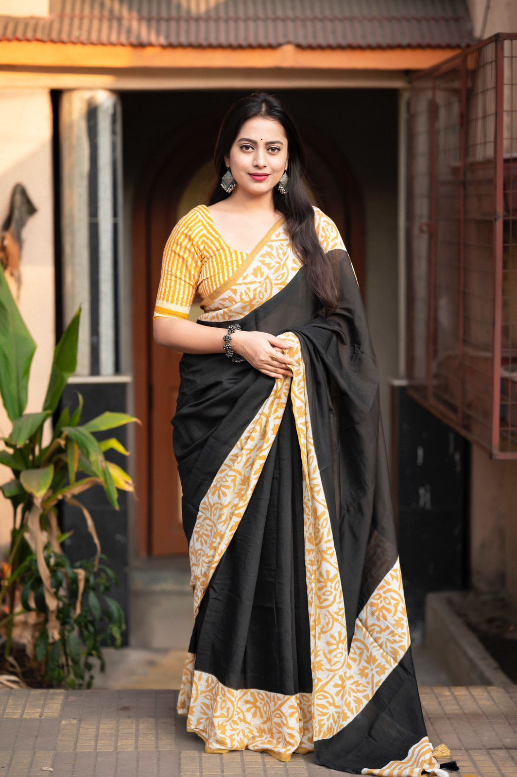 Dusty Yellow Pure Chanderi Cotton Bagru Block Printed Saree
