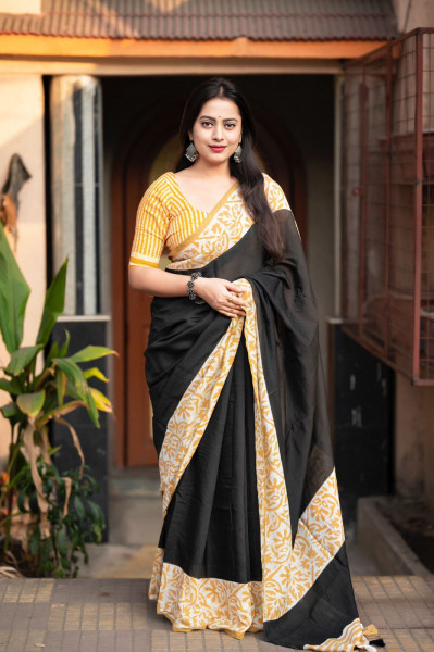 Image of Dusty Yellow Pure Chanderi Cotton Bagru Block Printed Saree