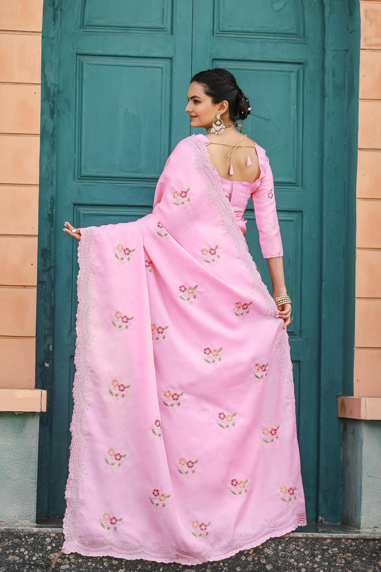 Baby Pink Tussar Cotton Dobby Floral Sequence Embroidery Cut Work Saree