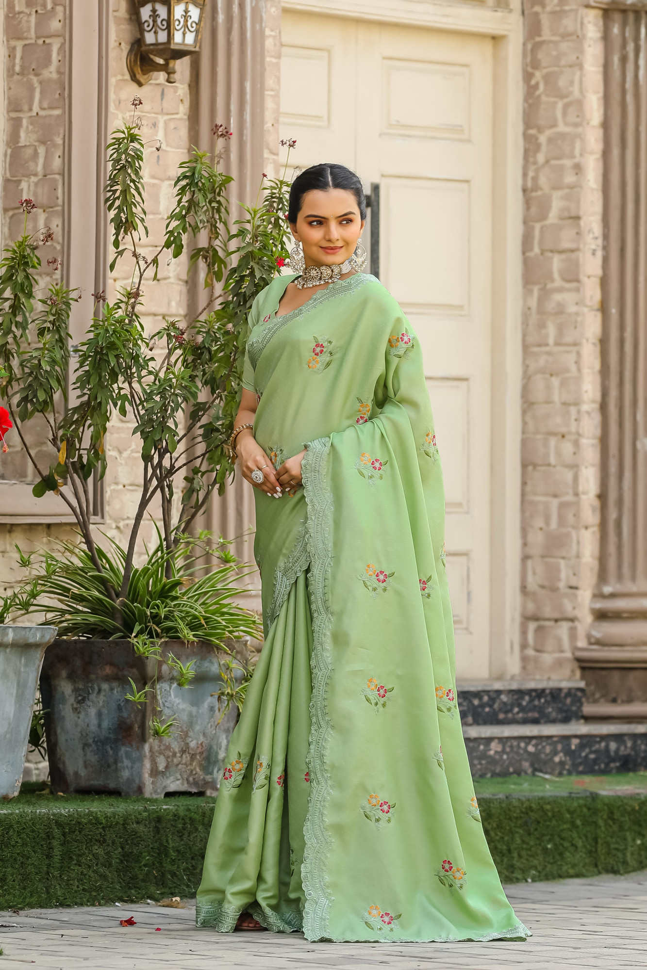 Olive Green Tussar Cotton Dobby Floral Sequence Embroidery Cut Work Saree