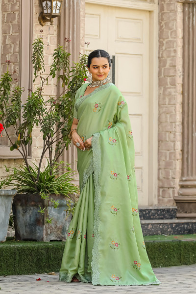 Image of Olive Green Tussar Cotton Dobby Floral Sequence Embroidery Cut Work Saree