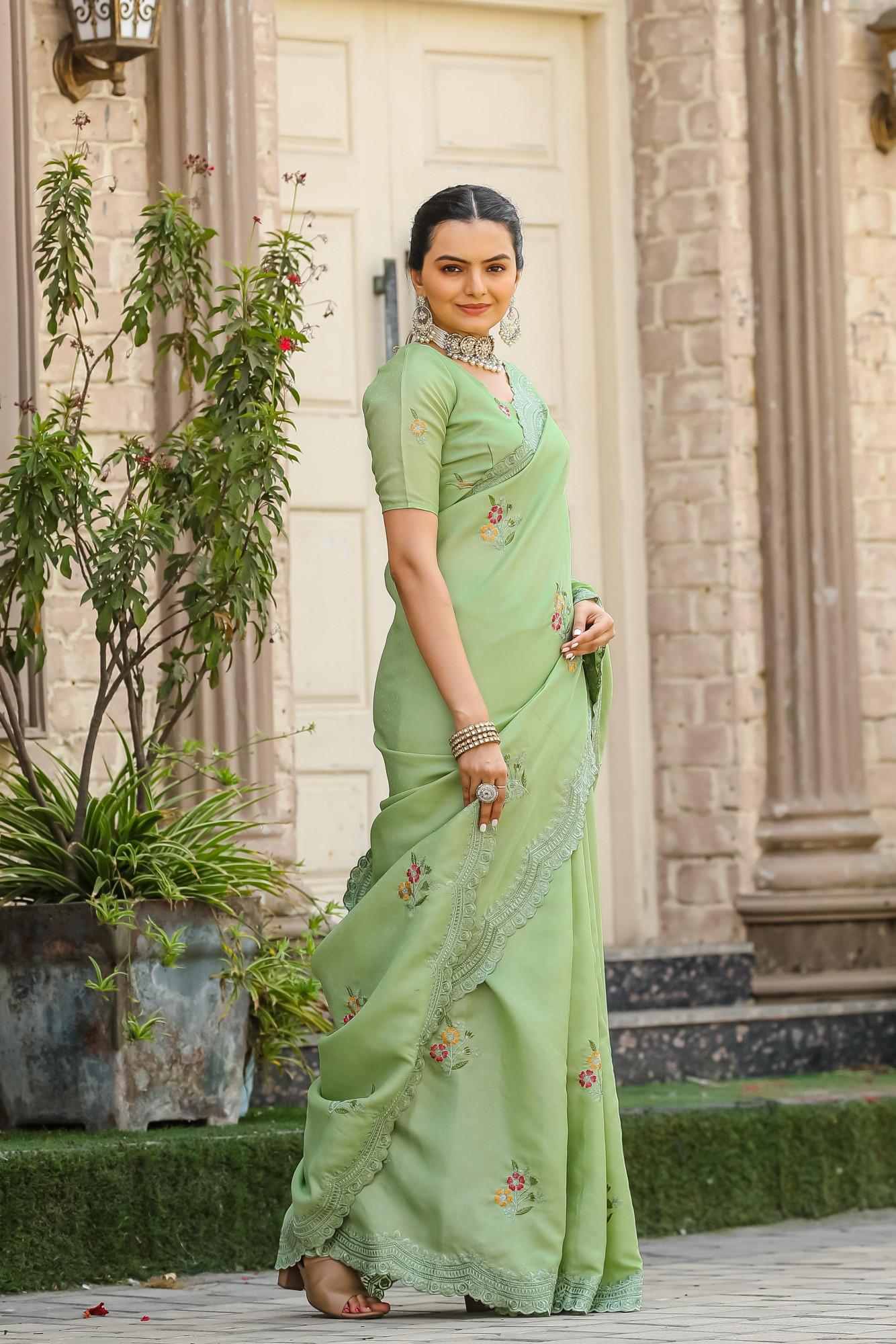 Olive Green Tussar Cotton Dobby Floral Sequence Embroidery Cut Work Saree