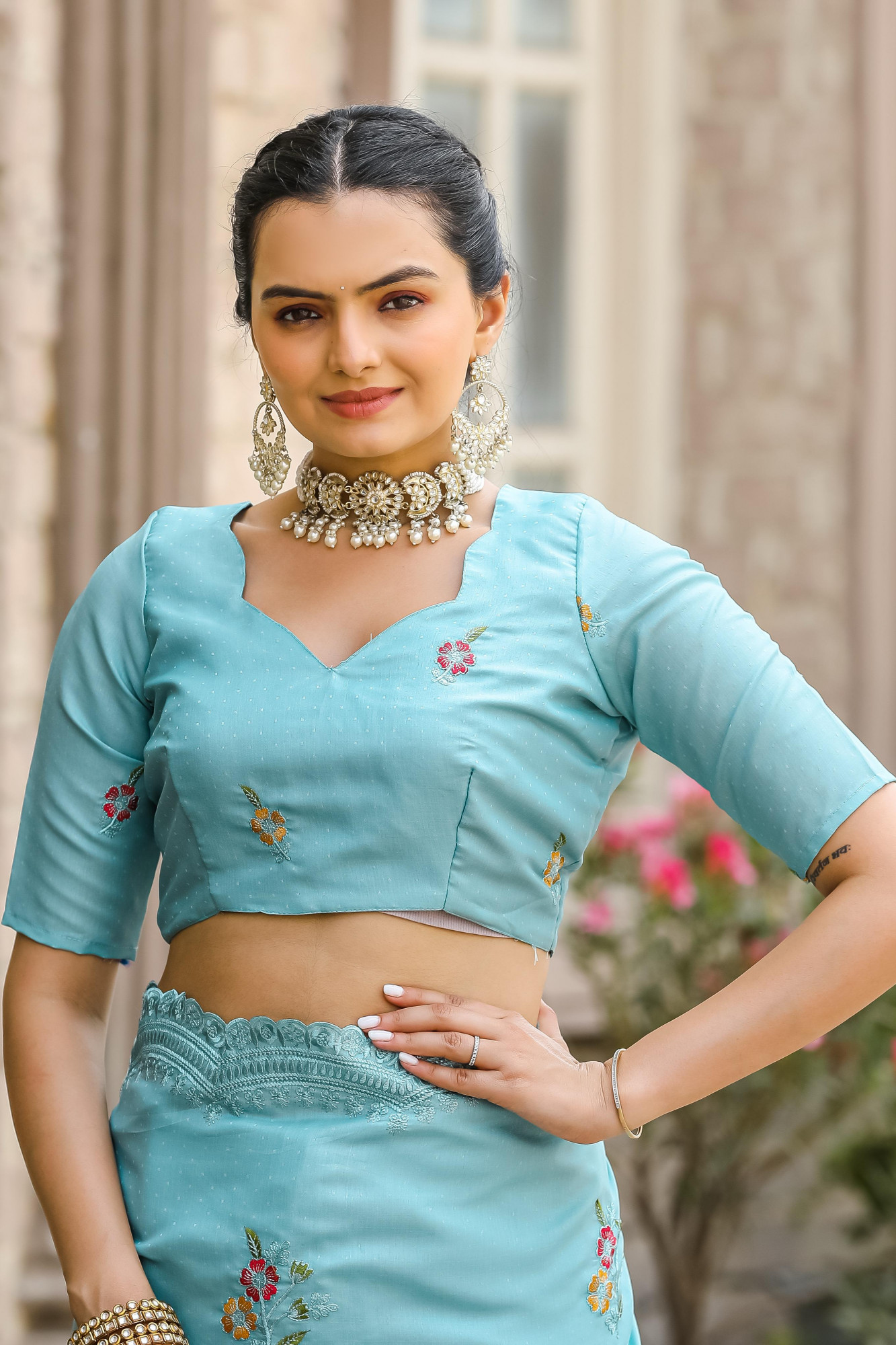 Sky Blue Tussar Cotton Dobby Floral Sequence Embroidery Cut Work Saree