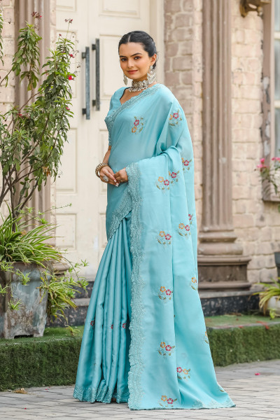 Image of Sky Blue Tussar Cotton Dobby Floral Sequence Embroidery Cut Work Saree
