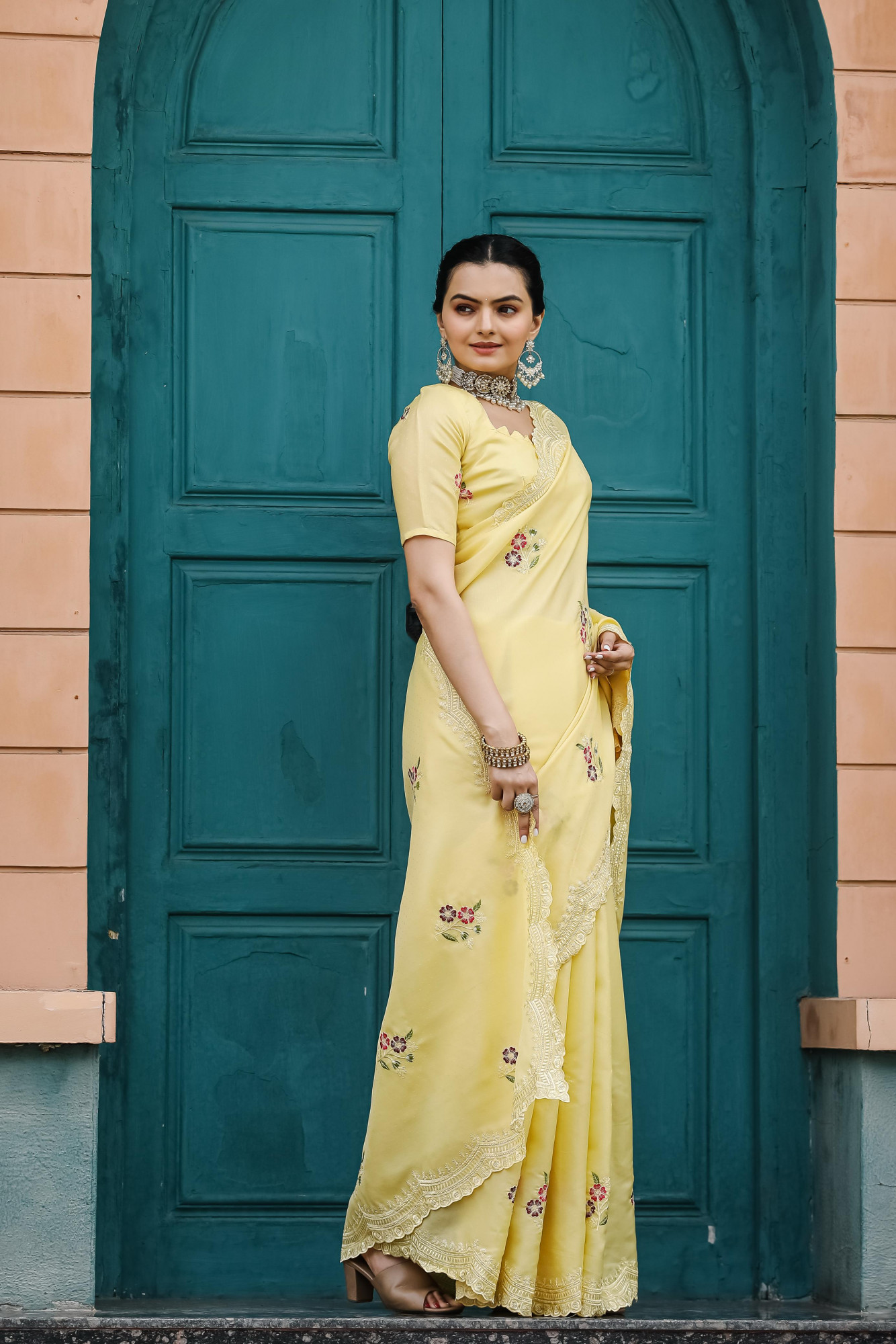 Light Yellow Tussar Cotton Dobby Floral Sequence Embroidery Cut Work Saree