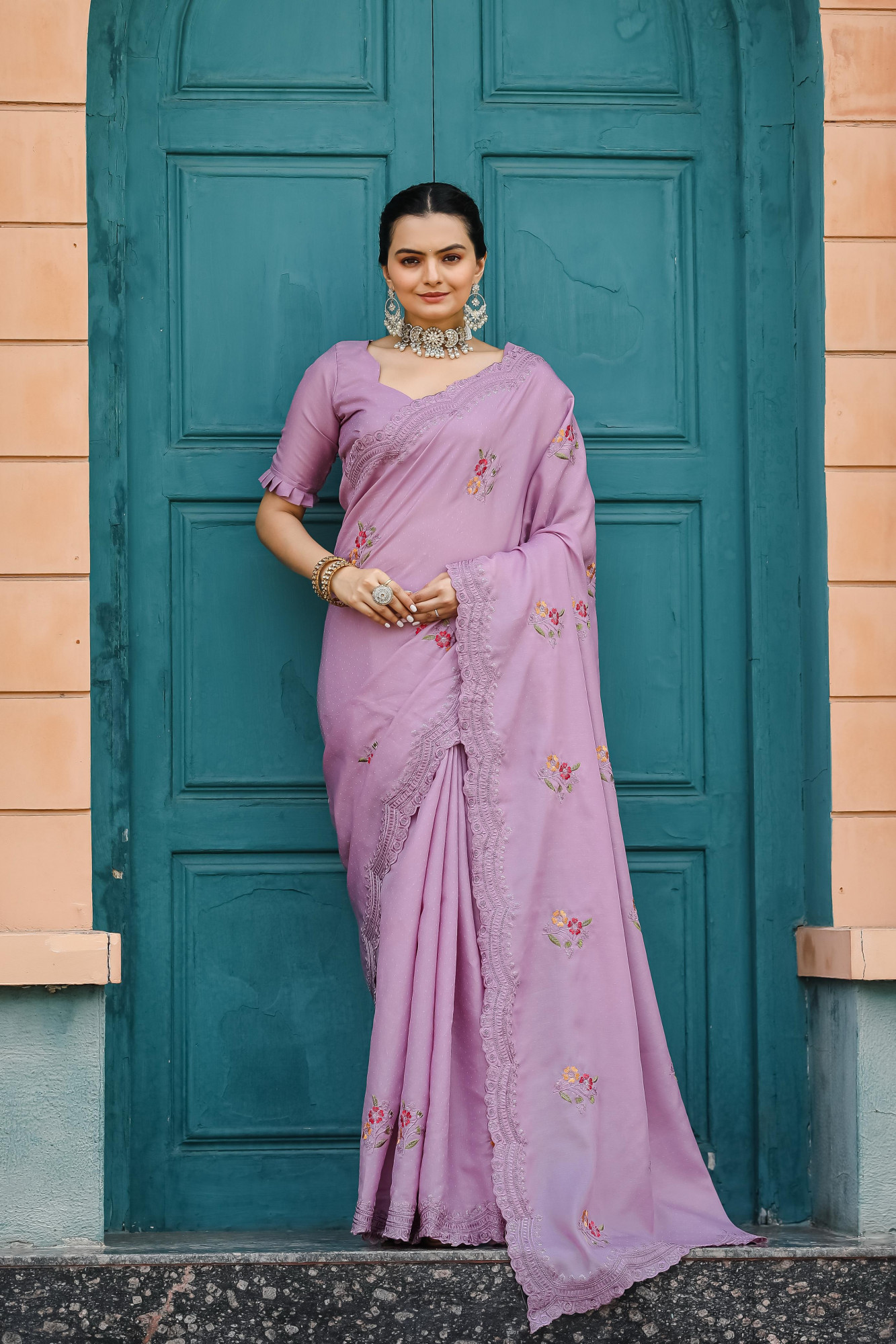 Lavender Tussar Cotton Dobby Floral Sequence Embroidery Cut Work Saree
