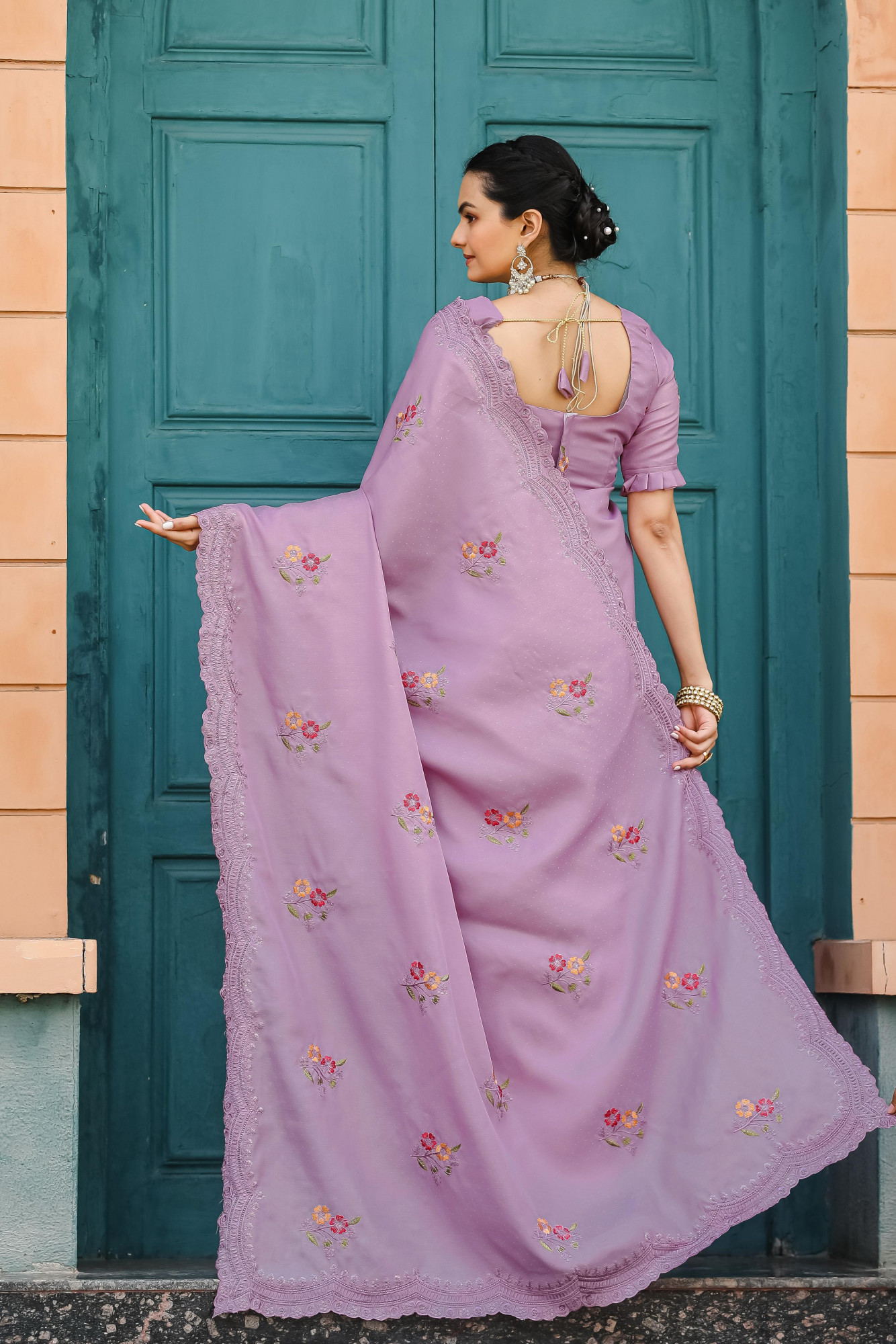 Lavender Tussar Cotton Dobby Floral Sequence Embroidery Cut Work Saree