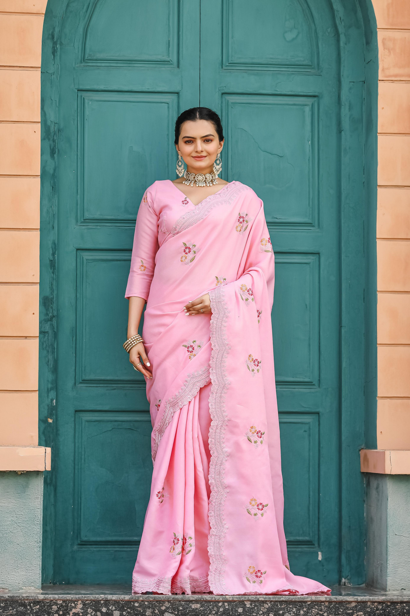 Baby Pink Tussar Cotton Dobby Floral Sequence Embroidery Cut Work Saree