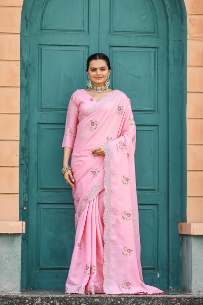 Image of Baby Pink Tussar Cotton Dobby Floral Sequence Embroidery Cut Work Saree