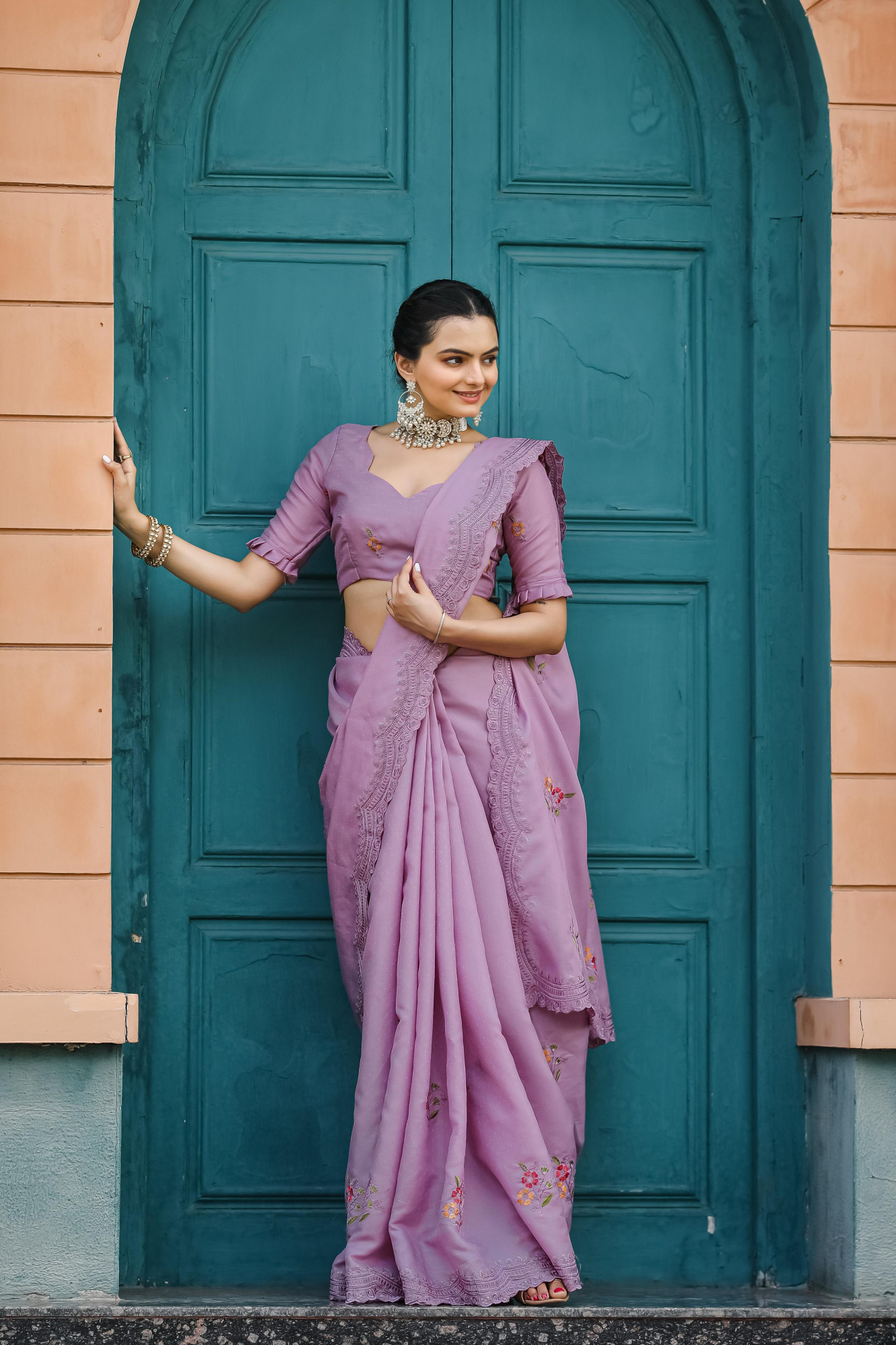 Lavender Tussar Cotton Dobby Floral Sequence Embroidery Cut Work Saree