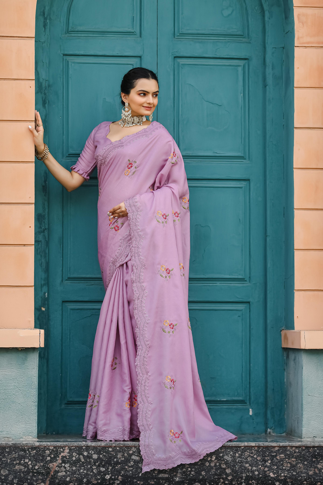 Lavender Tussar Cotton Dobby Floral Sequence Embroidery Cut Work Saree