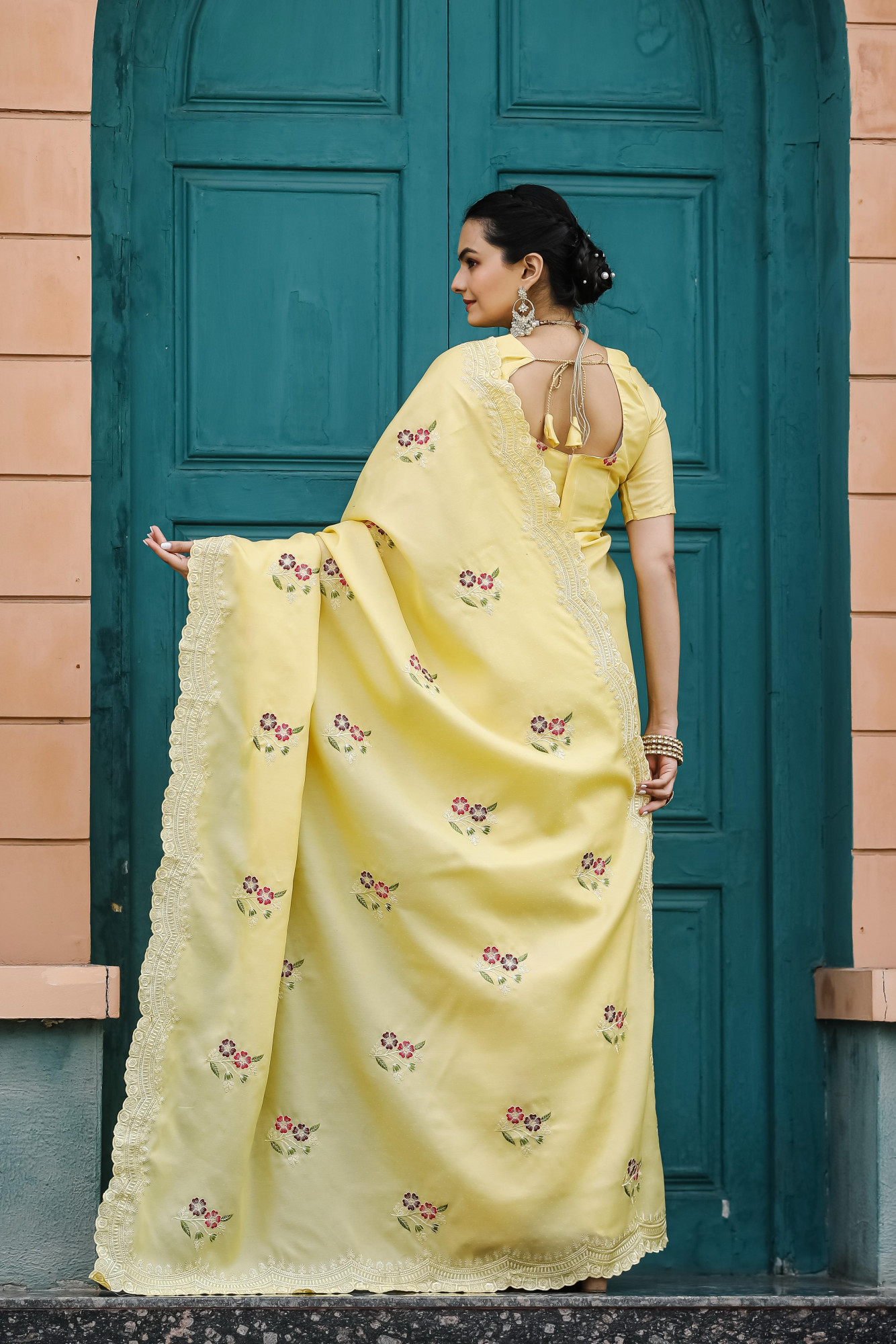 Light Yellow Tussar Cotton Dobby Floral Sequence Embroidery Cut Work Saree