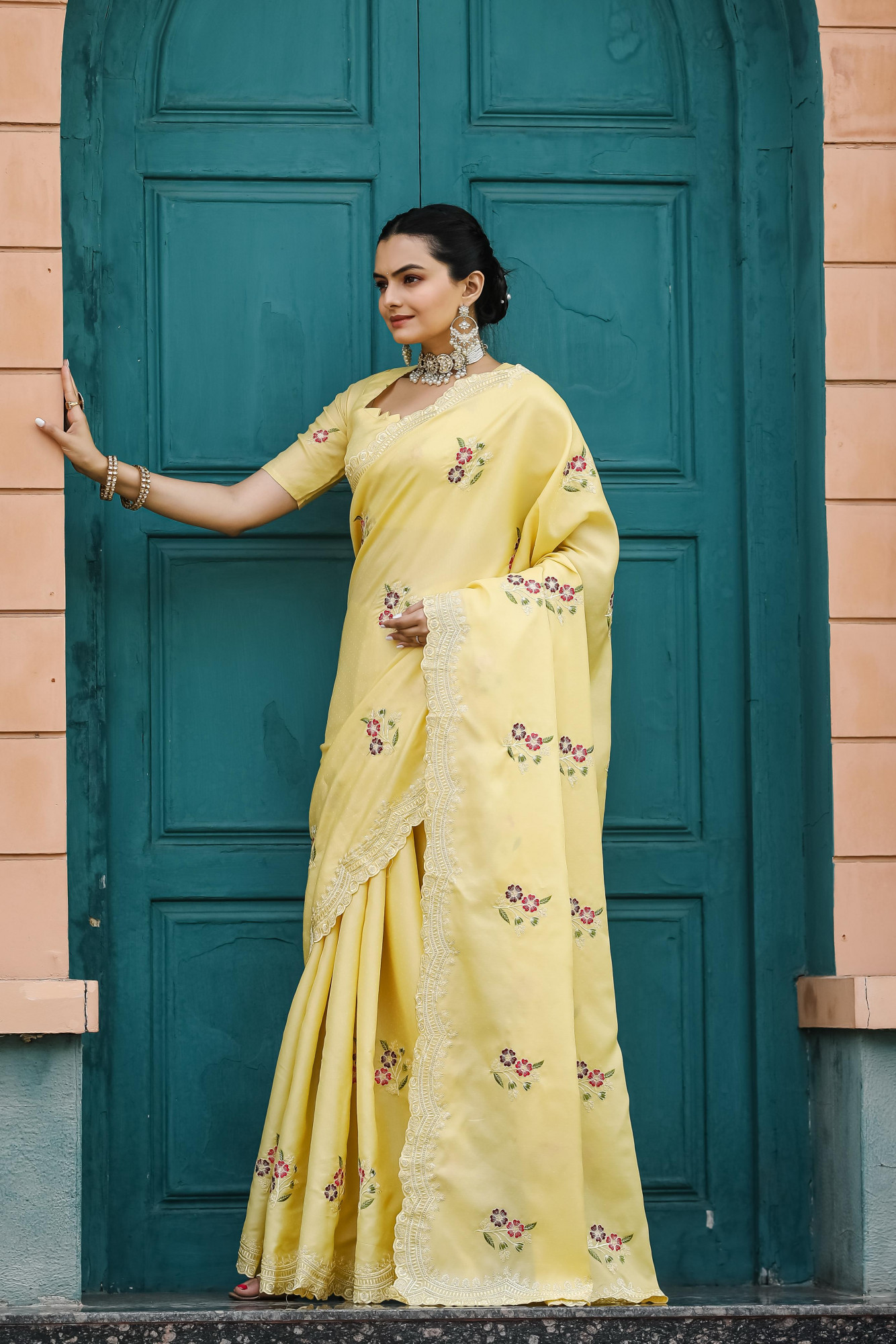Light Yellow Tussar Cotton Dobby Floral Sequence Embroidery Cut Work Saree