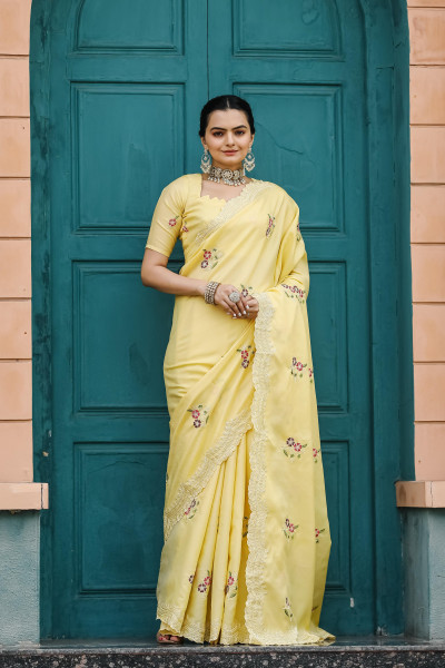 Image of Light Yellow Tussar Cotton Dobby Floral Sequence Embroidery Cut Work Saree