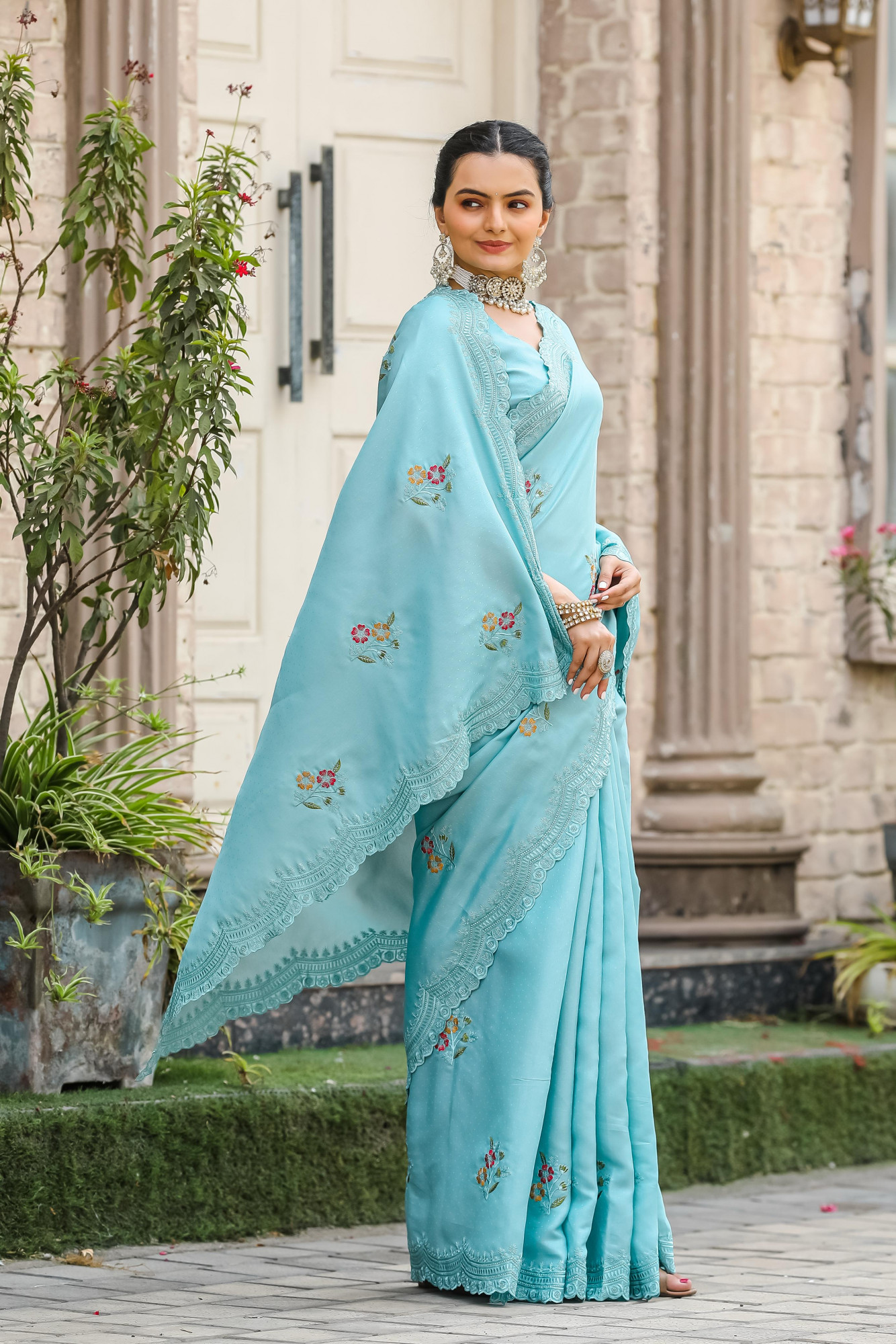 Sky Blue Tussar Cotton Dobby Floral Sequence Embroidery Cut Work Saree