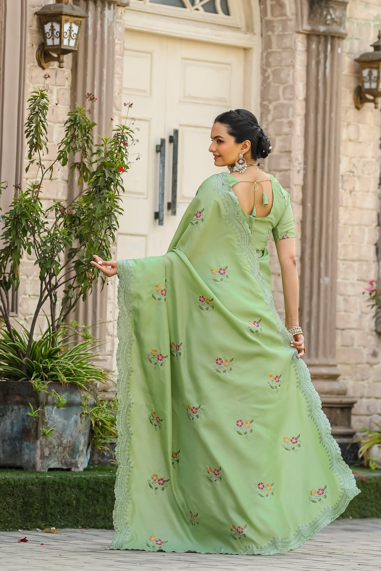 Olive Green Tussar Cotton Dobby Floral Sequence Embroidery Cut Work Saree