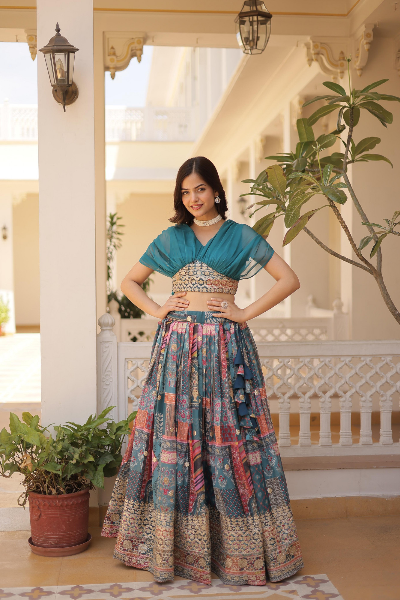 Teal Multi Russian Silk Printed Cum Embroidery Stitched Lehenga