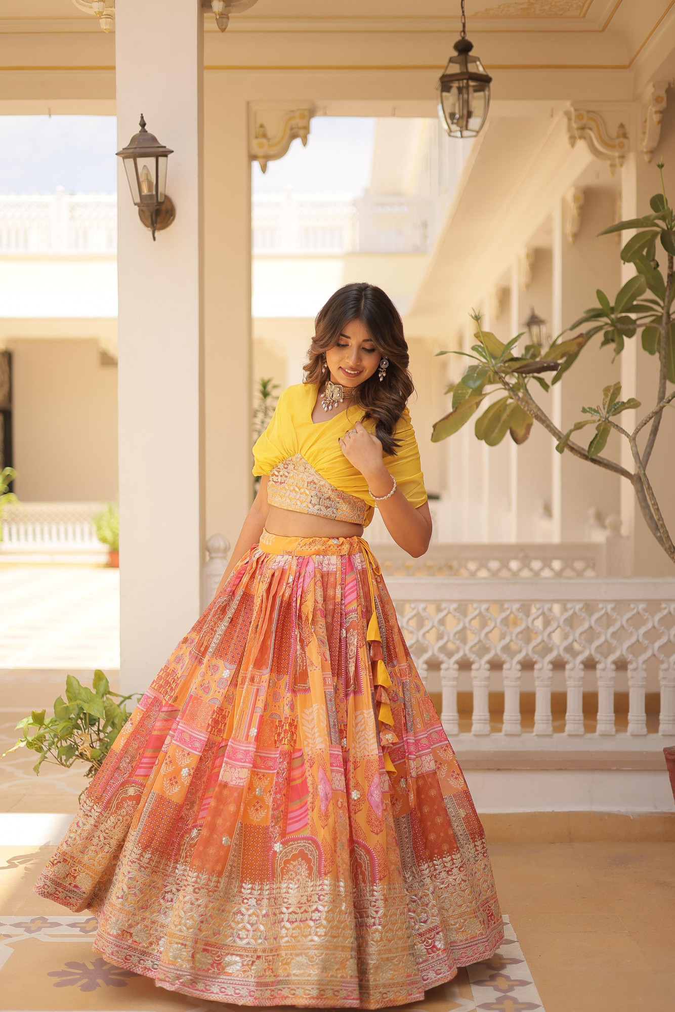 Gold Orange Multi Russian Silk Printed Cum Embroidery Stitched Lehenga