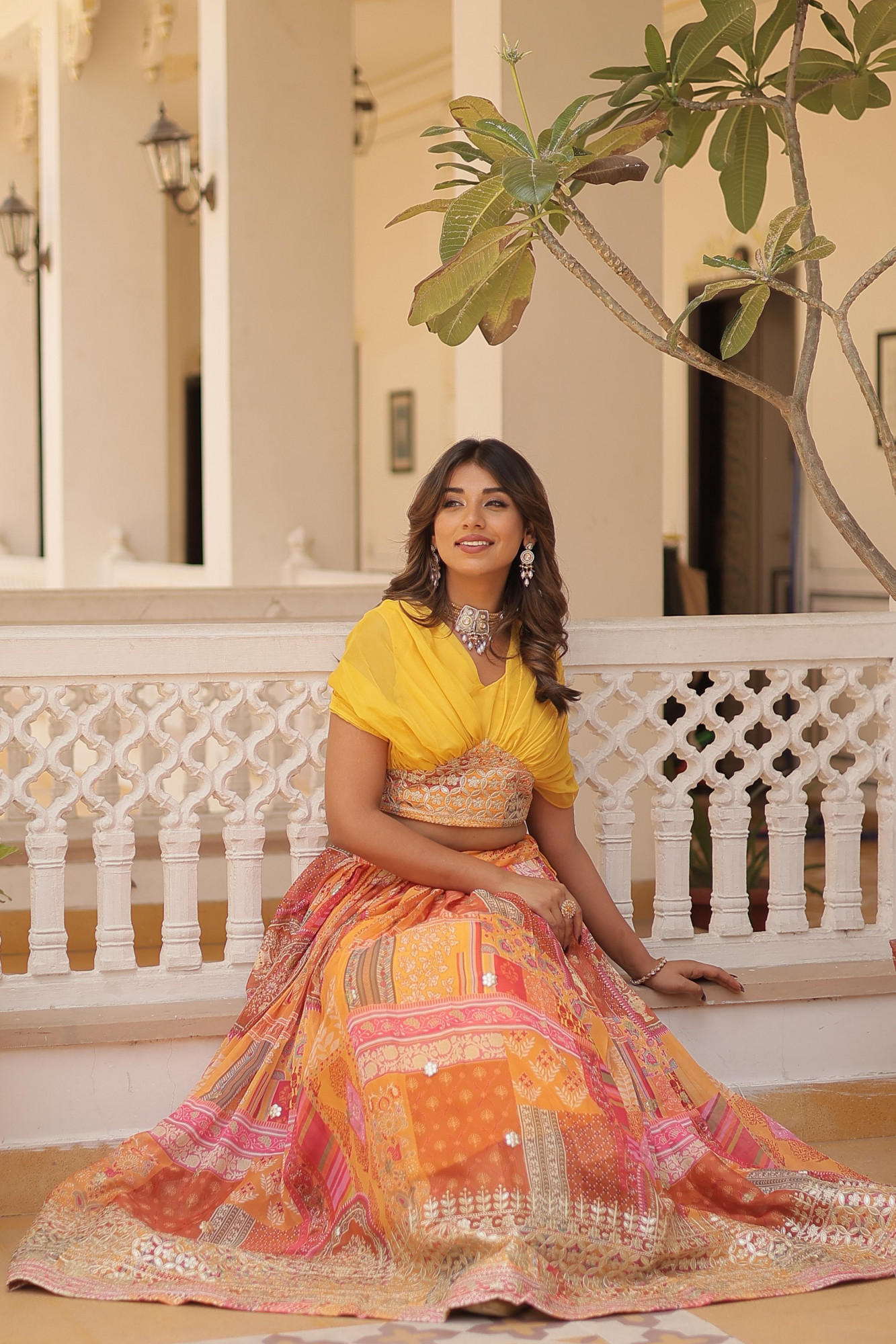 Gold Orange Multi Russian Silk Printed Cum Embroidery Stitched Lehenga