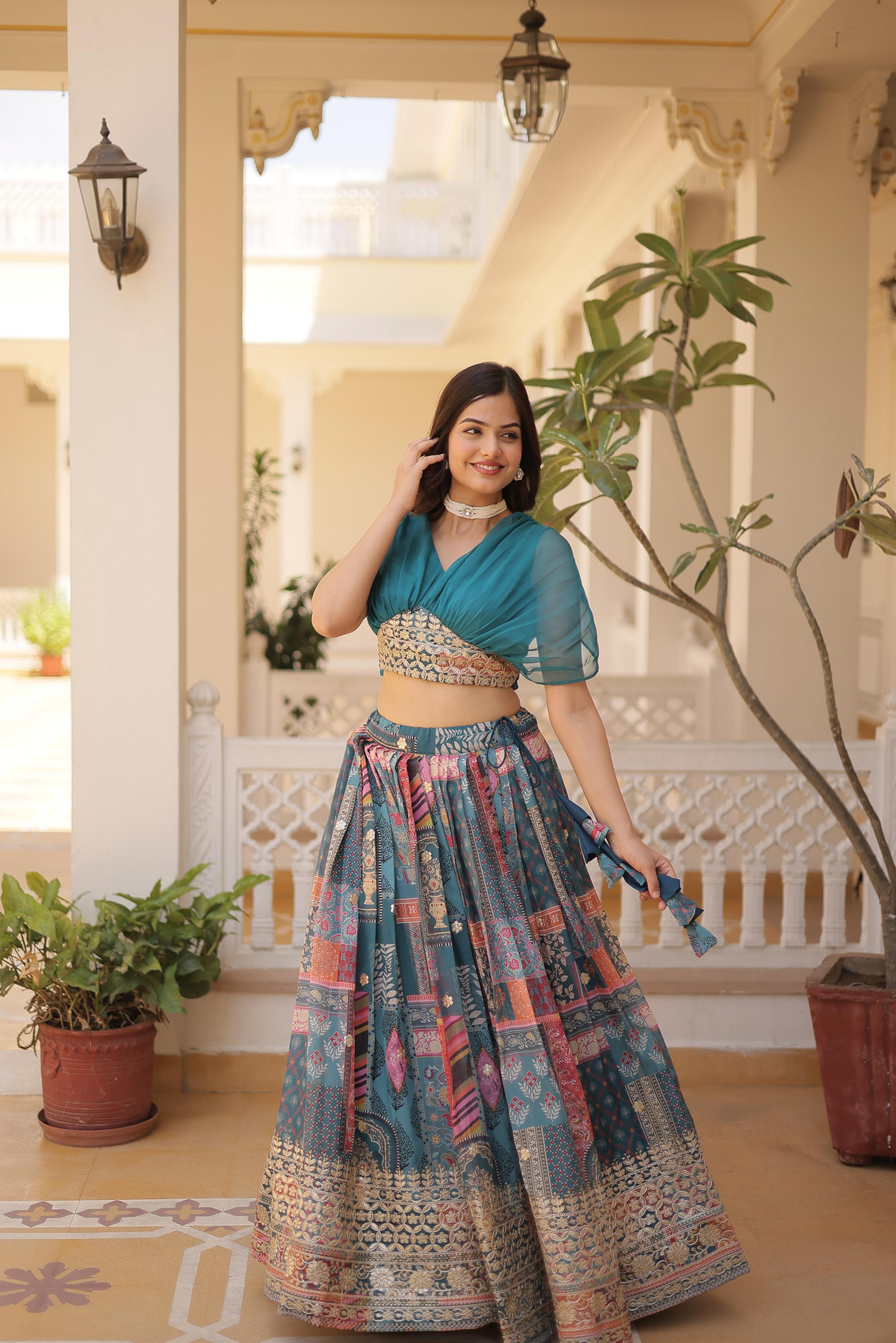 Teal Multi Russian Silk Printed Cum Embroidery Stitched Lehenga