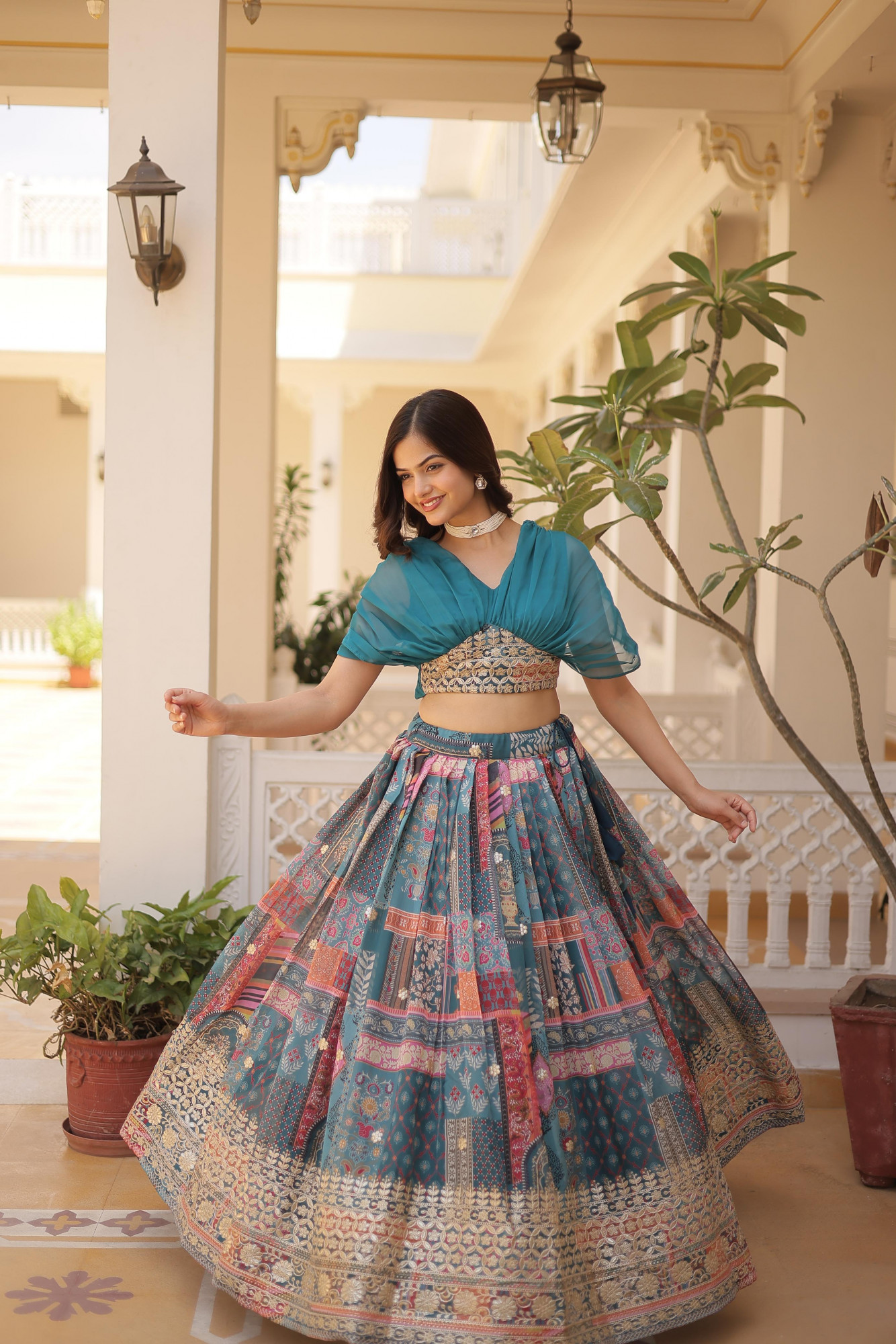 Teal Multi Russian Silk Printed Cum Embroidery Stitched Lehenga