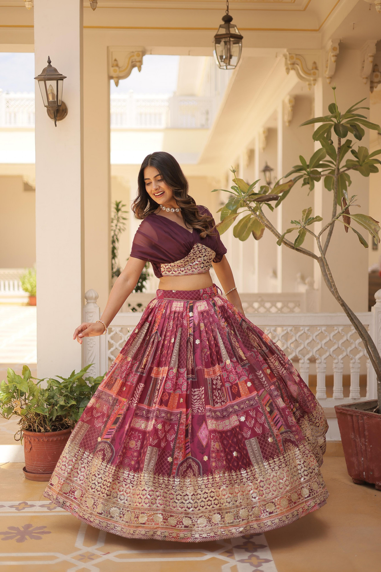 Wine Multi Russian Silk Printed Cum Embroidery Stitched Lehenga