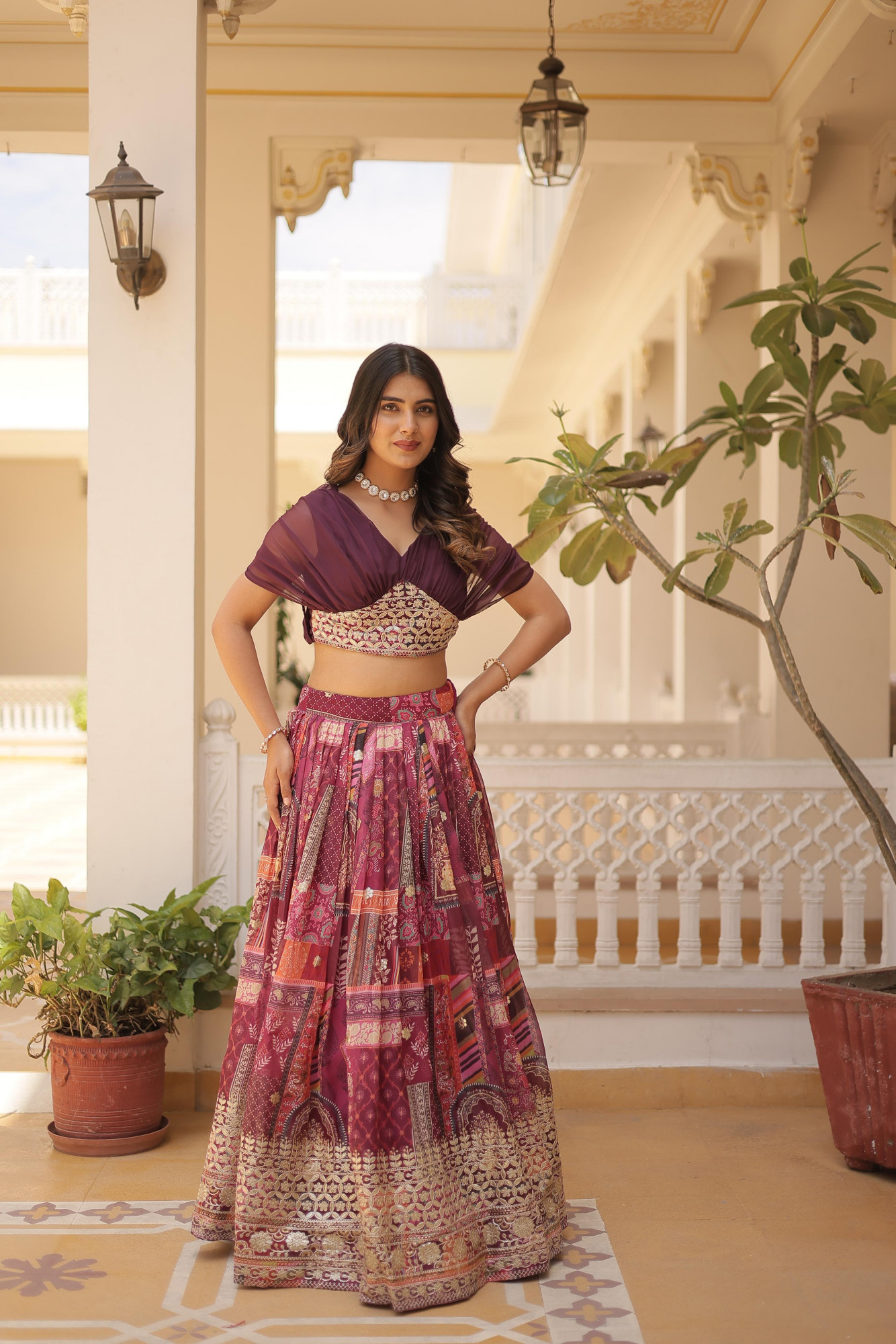 Wine Multi Russian Silk Printed Cum Embroidery Stitched Lehenga