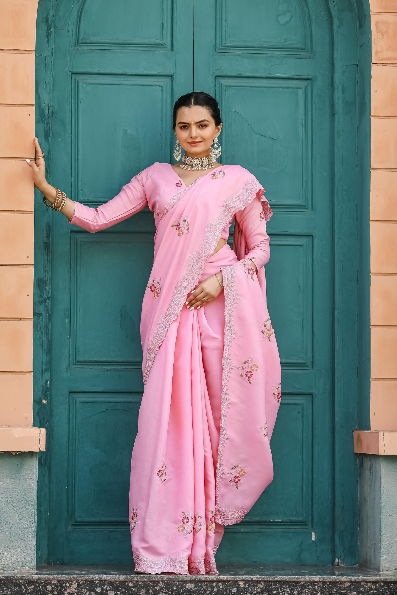 Baby Pink Tussar Cotton Dobby Floral Sequence Embroidery Cut Work Saree