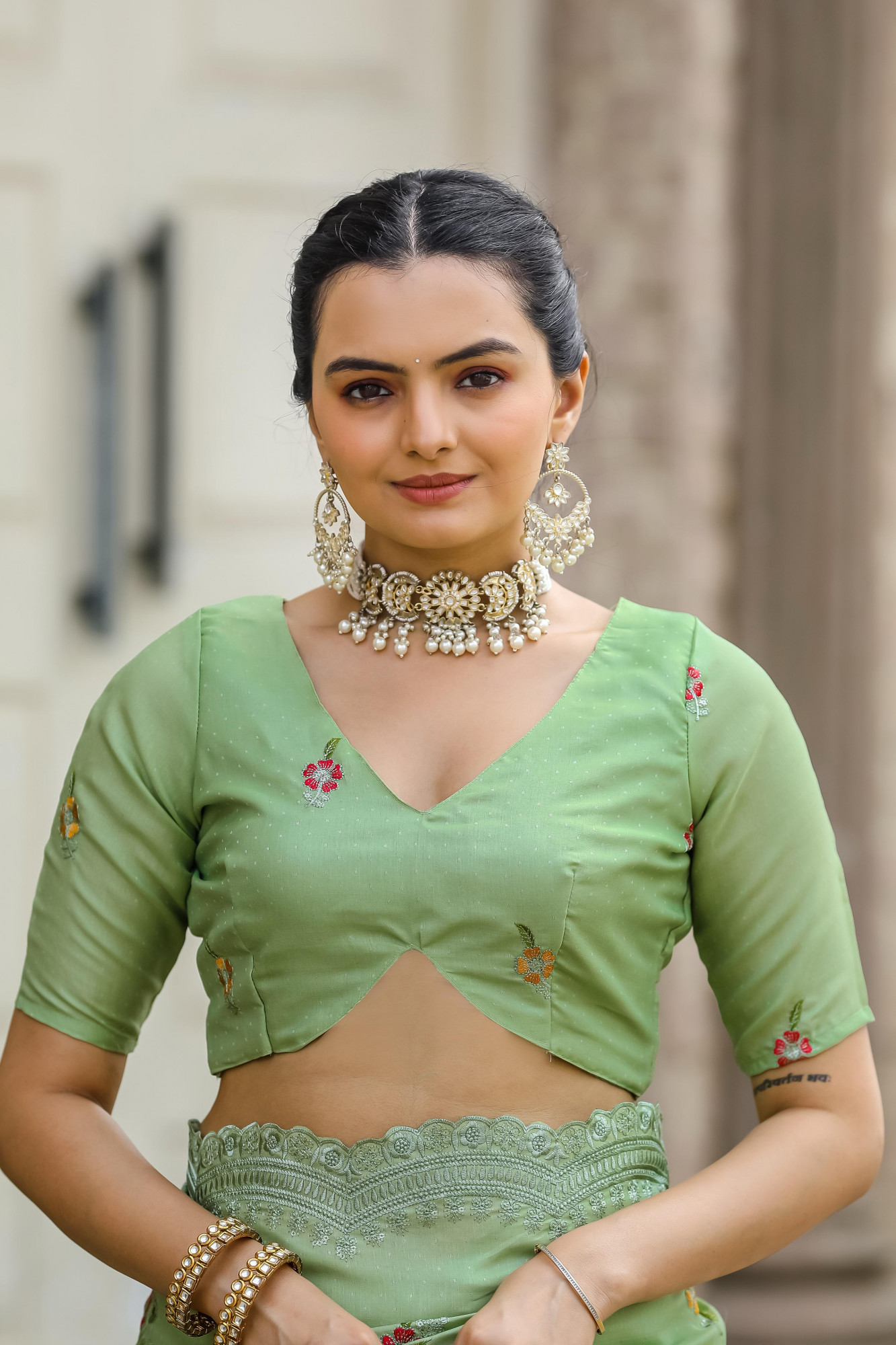 Olive Green Tussar Cotton Dobby Floral Sequence Embroidery Cut Work Saree