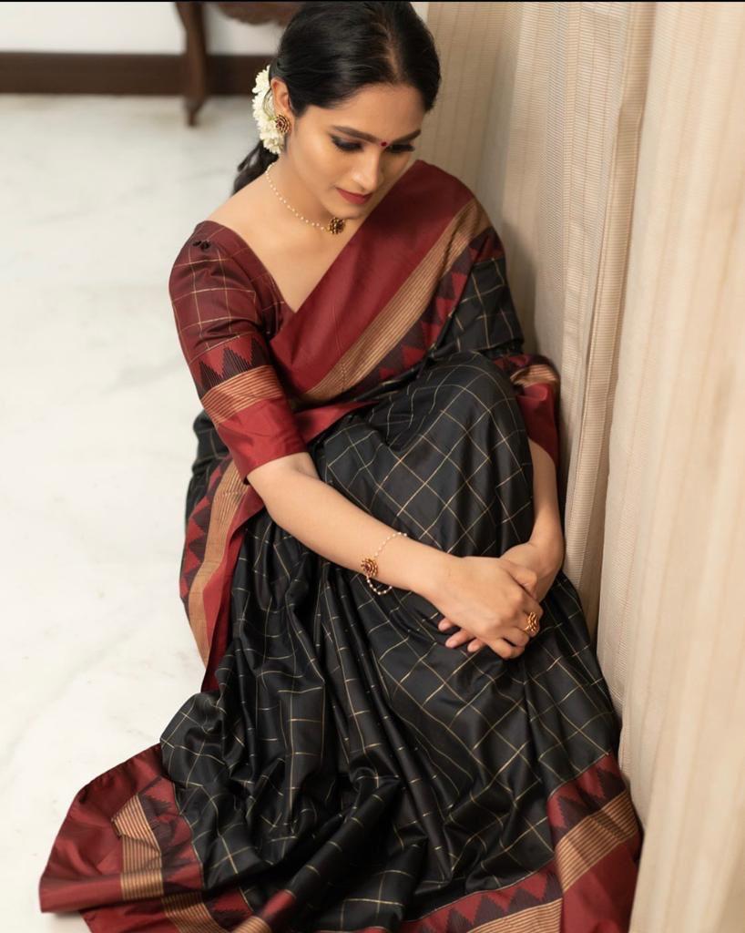 Black Banarasi Soft Silk All Over Check Weaved Temple Border Saree