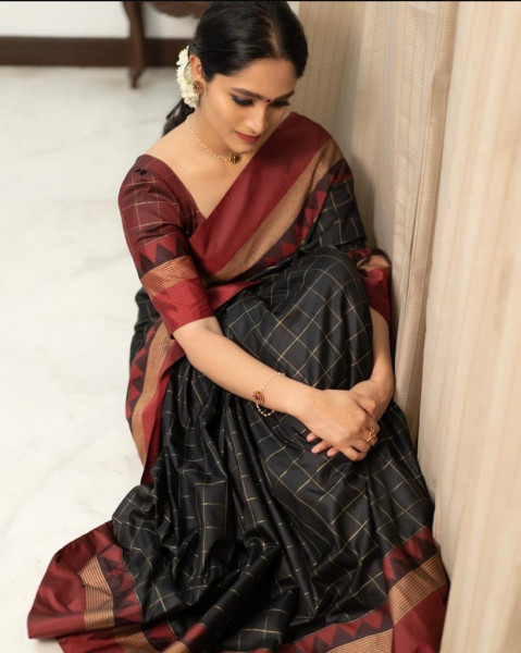 Image of Black Banarasi Soft Silk All Over Check Weaved Temple Border Saree