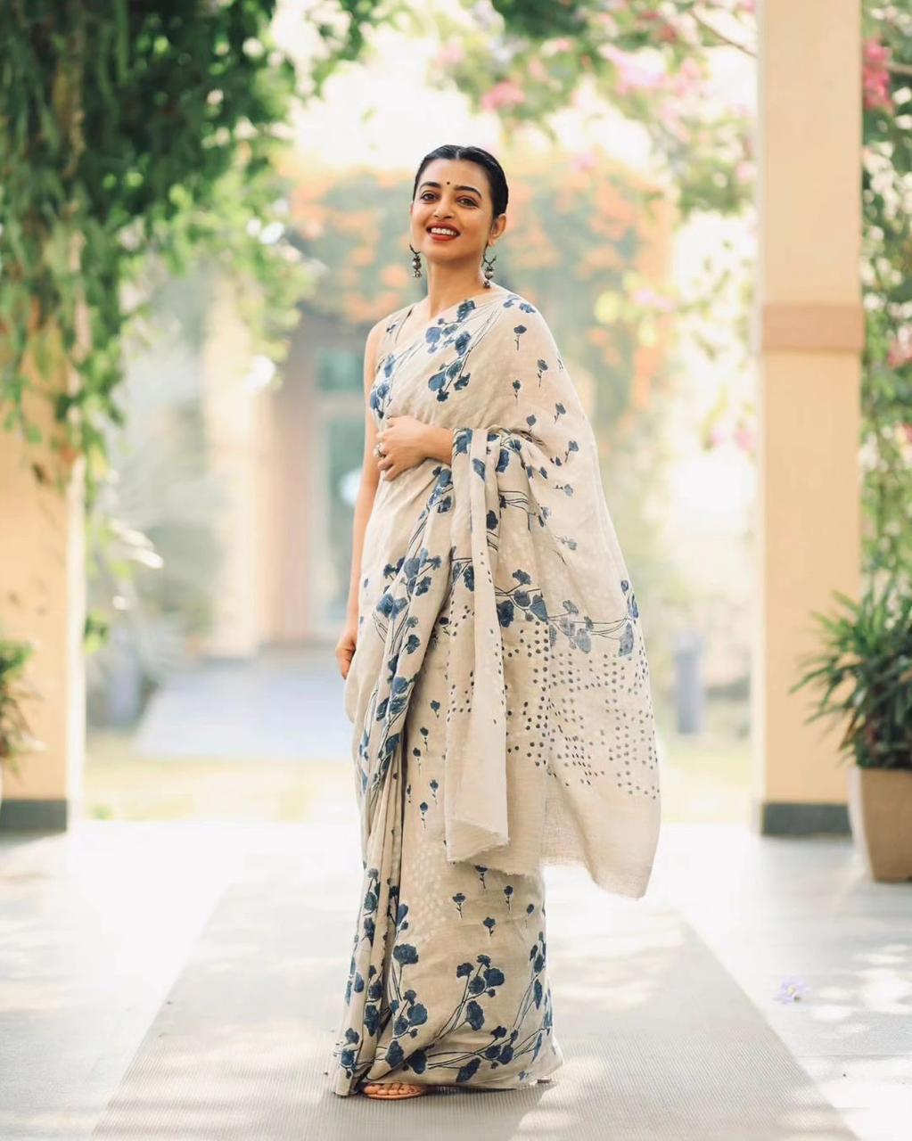 Off-White Pure Linen Ultra Soft Floral Digital Printed Borderless Saree