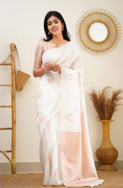 Image of Off-White Banarasi Silk Rich Copper Zari Weaved Body Pallu Borderless Saree