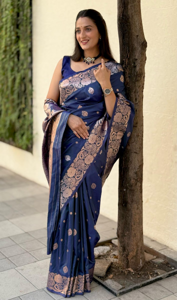 Image of Indigo Banarasi Silk Rich Gold Zari Weaved Body Pallu Border Saree