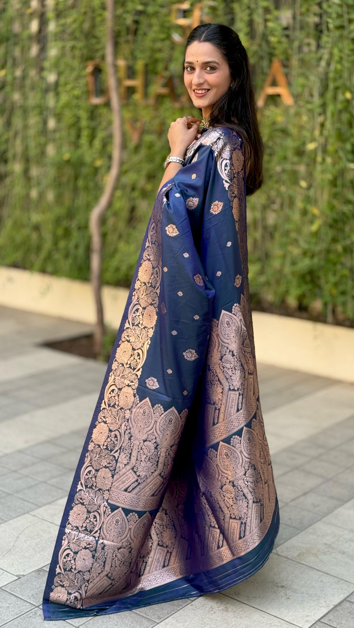 Indigo Banarasi Silk Rich Gold Zari Weaved Body Pallu Border Saree