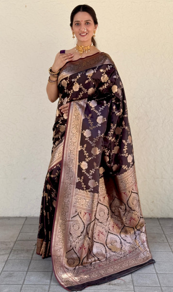 Image of Coffee Brown Pure Banarasi Silk Rich Gold Zari Weaved Body Pallu Border Saree