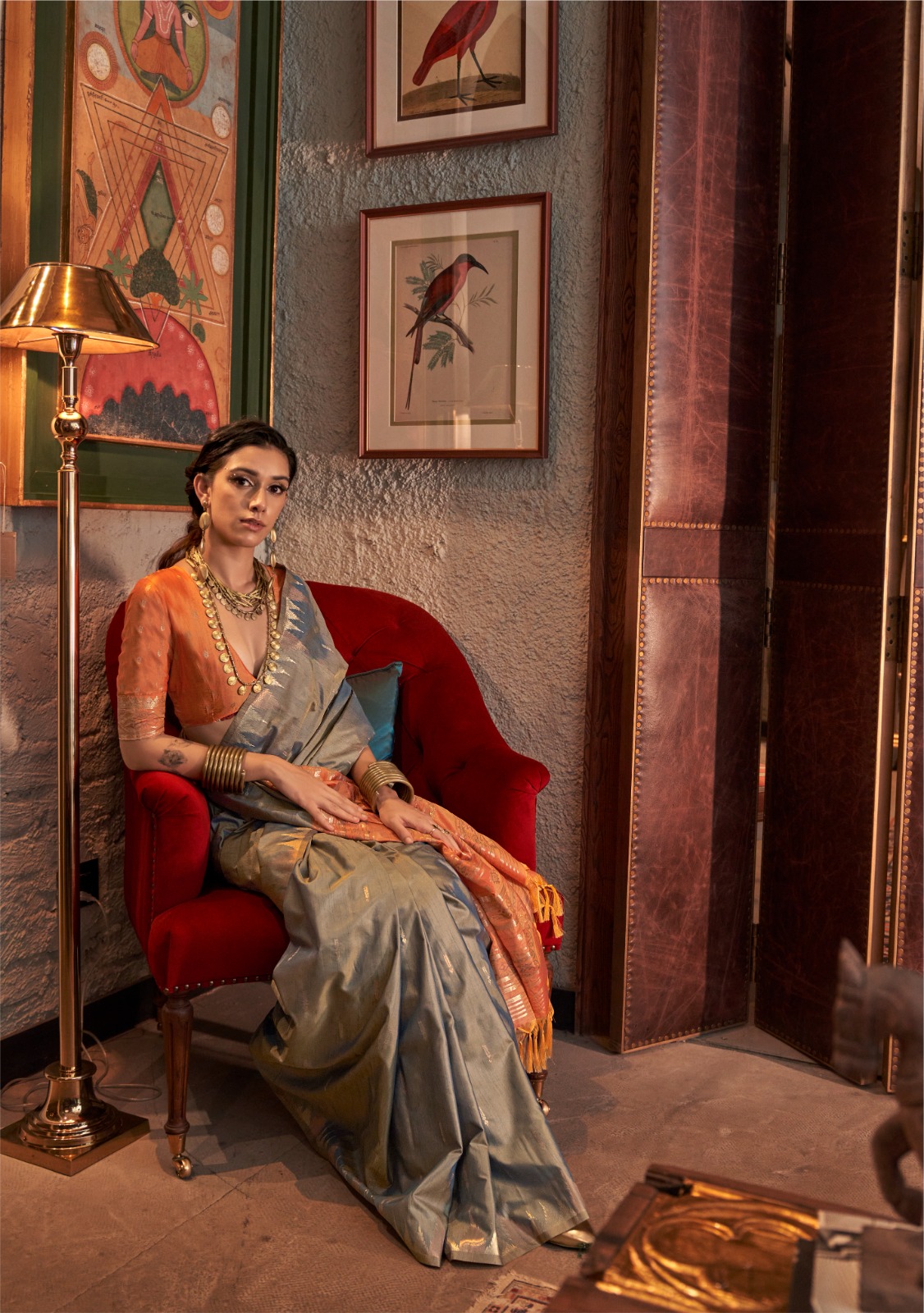 Gray Pure Handloom Tussar Silk Zari Weaved Body Temple Border Saree