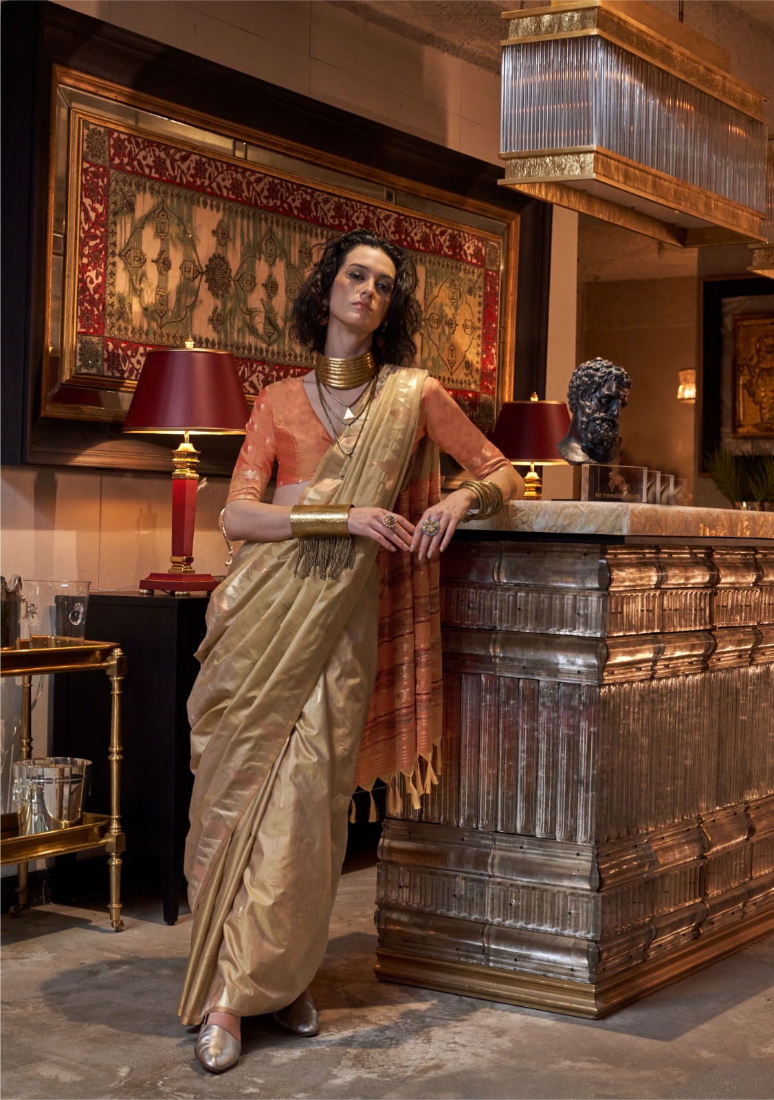 Clay Pure Handloom Tussar Silk Zari Weaved Body Temple Border Saree